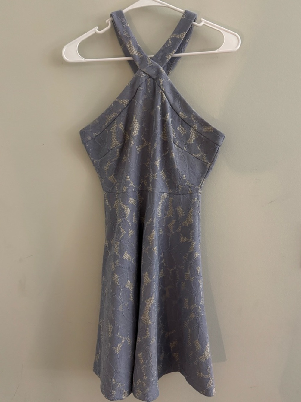 American Threads Dusty Blue Lace-Overlay Halter Mini Dress